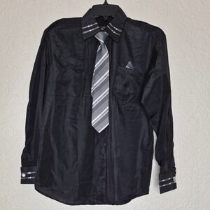 Alberto Danelli Boys Black Dress Shirt Set with Tie & Pocket Square Size L 14-16